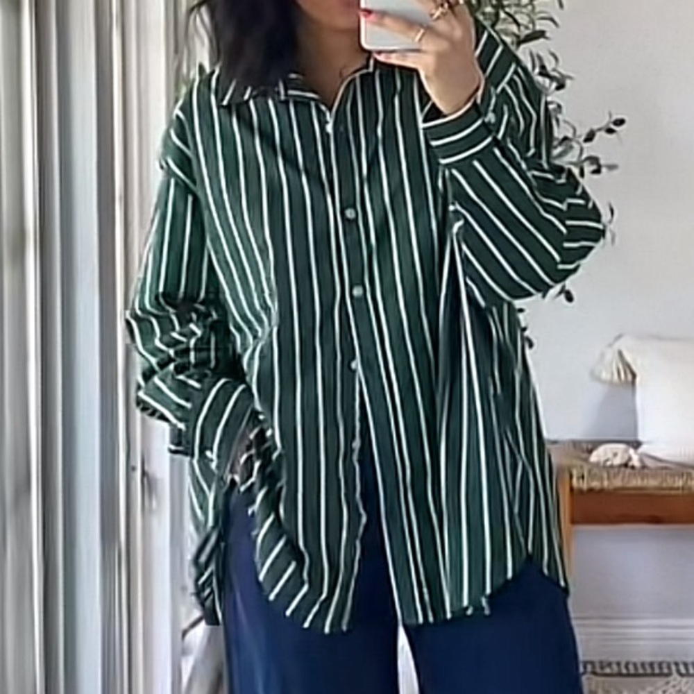 Aerie Dark Green Stripe Button-Up Shirt - Women